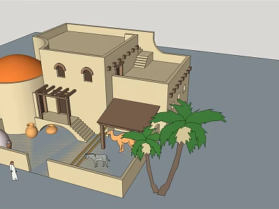 Traditional Middle Eastern Detached Villa Featuring Arched Windows Staircase Palm Trees and Camel 3d model