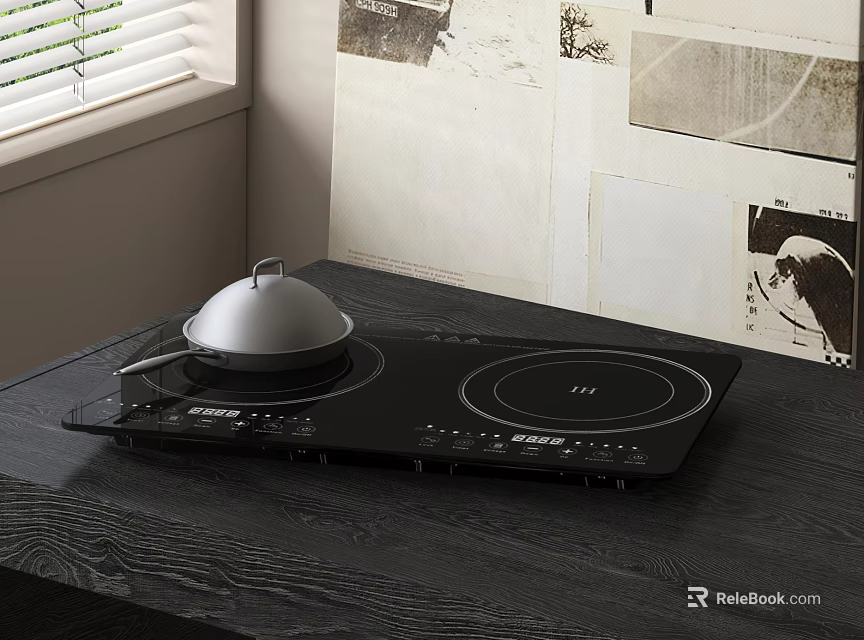 Black Electric Cooktop Kitchen Appliance on Wooden Table with Silver Pan 3d model 