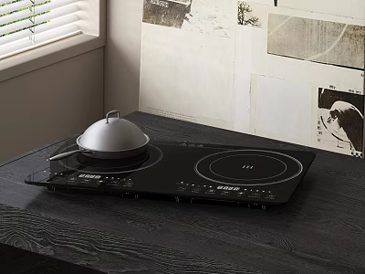 Black Electric Cooktop Kitchen Appliance on Wooden Table with Silver Pan 3d model