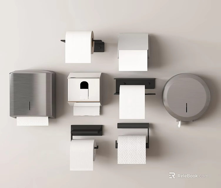 Modern Bathroom Accessories With Wall Mounted Toilet Paper Holders And Tissue Boxes 3d model 