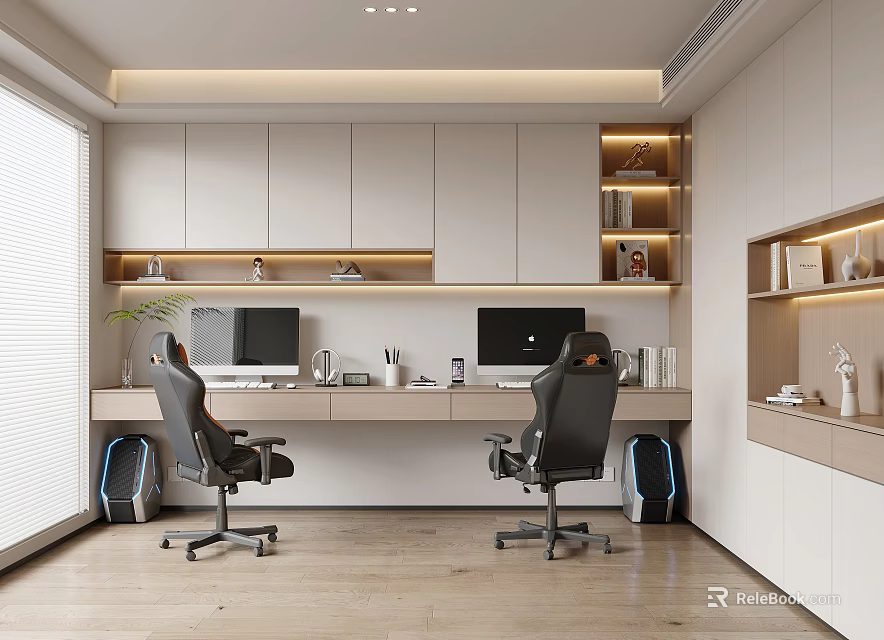 Modern Study Room Interior With Long Desk Two Computer Monitors And Office Chairs 3d model 