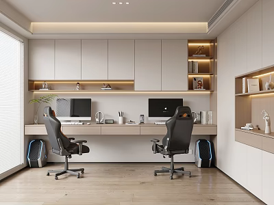 Modern Study Room Interior With Long Desk Two Computer Monitors And Office Chairs 3d model