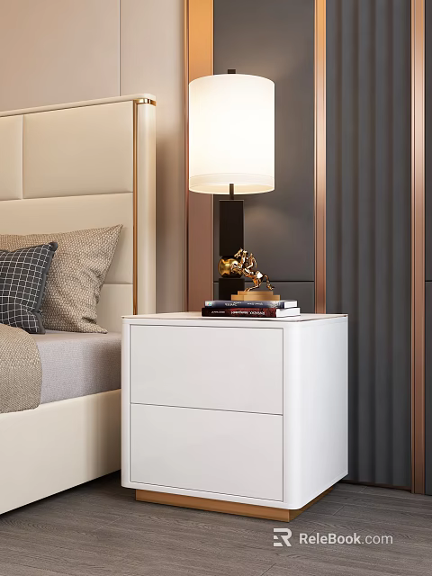 White Bedside Table with Lamp Books and Golden Ornament beside Beige Upholstered Headboard Bed 3d model 