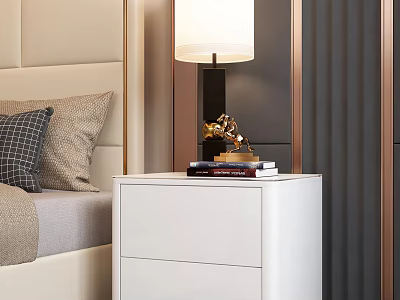 White Bedside Table with Lamp Books and Golden Ornament beside Beige Upholstered Headboard Bed 3d model