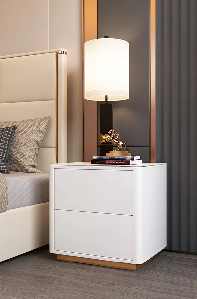 White Bedside Table with Lamp Books and Golden Ornament beside Beige Upholstered Headboard Bed 3d model
