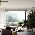 Stylish Modern Luxury Open Living And Dining Room With Curved Sofa And Large Panoramic Window