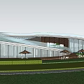 Modern Circular Architectural Design With Green Lawn Water Pool Steps And Trees
