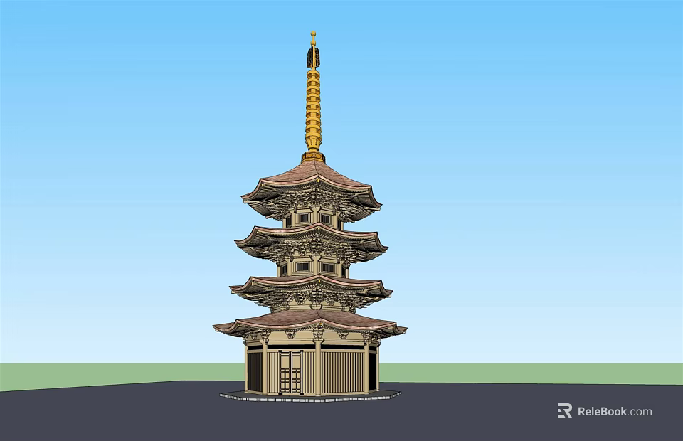 Traditional Multi tiered Pagoda With Golden Spire And Wooden Structure Against Blue Sky 3d model 