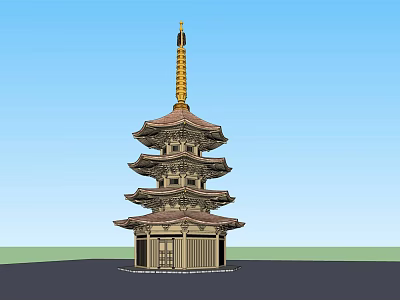 Traditional Multi tiered Pagoda With Golden Spire And Wooden Structure Against Blue Sky 3d model