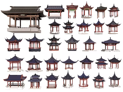Traditional Chinese Pavilions With Various Roof Styles And Classical Wooden Designs 3d model