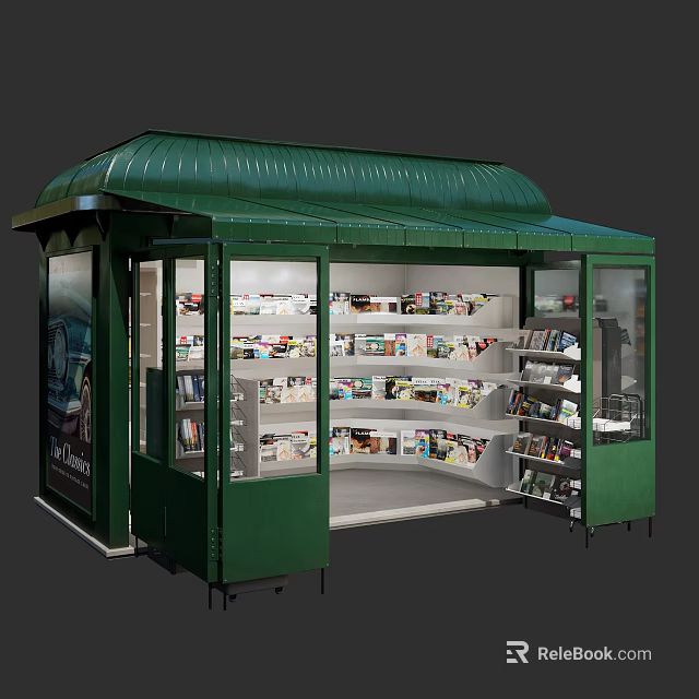 Green Kiosk Style Specialty Store With Glass Windows And Shelves Filled With Items 3d model 