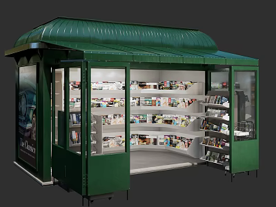 Green Kiosk Style Specialty Store With Glass Windows And Shelves Filled With Items 3d model