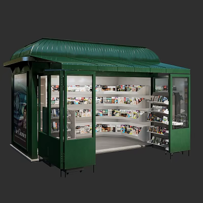 Green Kiosk Style Specialty Store With Glass Windows And Shelves Filled With Items 3d model