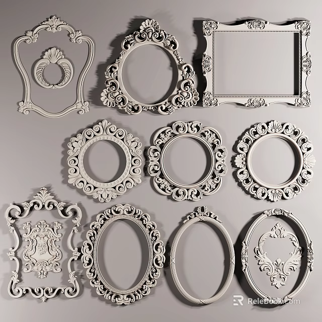Ornate Decorative Mirrors With Various Shapes And Vintage Carved Frames 3d model 