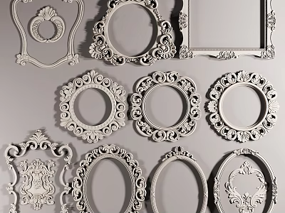 Ornate Decorative Mirrors With Various Shapes And Vintage Carved Frames 3d model