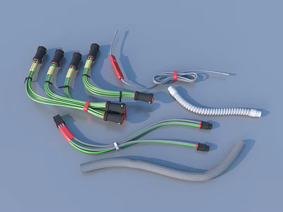 Colored Electrical Cables With Connectors Spiral Wires And Assorted Components 3d model