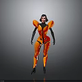 Futuristic Character In Orange And Black Tech Costume With Transparent Helmet
