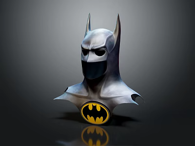 Batman Helmet And Chest Armor Display On Dark Background With Yellow Logo Metallic Finish 3d model