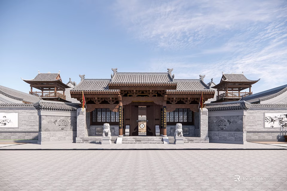 Ancient Chinese Architecture with Traditional Curved Roof Wooden Gate Stone Lions and Ornamental Details 3d model 