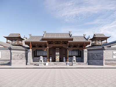 Ancient Chinese Architecture with Traditional Curved Roof Wooden Gate Stone Lions and Ornamental Details 3d model