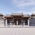 Ancient Chinese Architecture with Traditional Curved Roof Wooden Gate Stone Lions and Ornamental Details