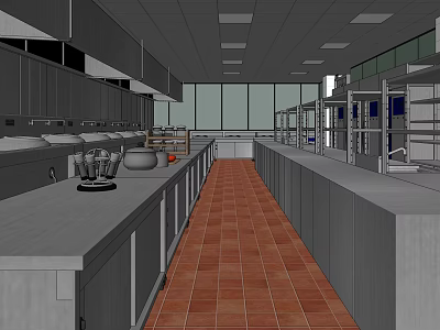Commercial Kitchen Interior With Long Layout Stainless Steel Cabinets Tile Floor And Worktables 3d model