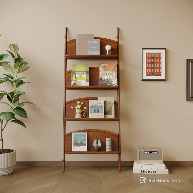 Wooden Bookshelf with Books Decorative Items Green Plant Framed Artwork and Vintage Radio 3d model 