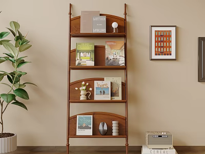 Wooden Bookshelf with Books Decorative Items Green Plant Framed Artwork and Vintage Radio 3d model