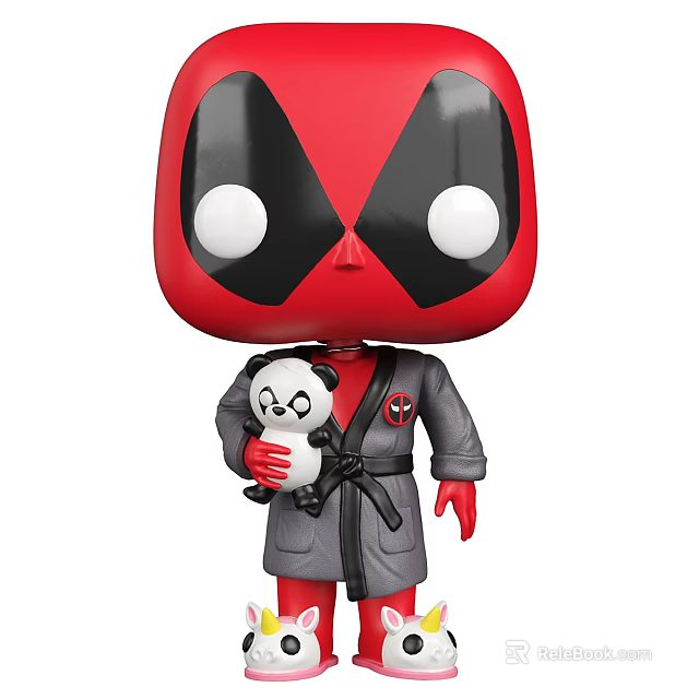 Red Black Deadpool Doll with Big White Eyes in Grey Robe Holding Small Panda Toy 3d model 