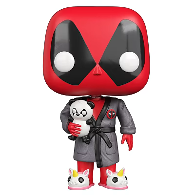 Red Black Deadpool Doll with Big White Eyes in Grey Robe Holding Small Panda Toy 3d model
