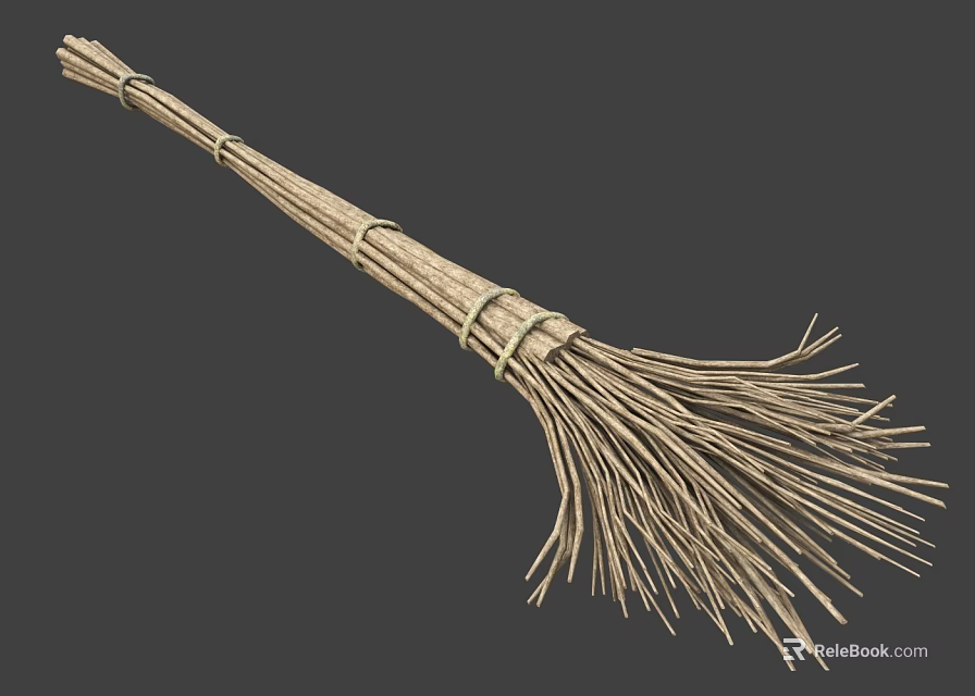 Essential Traditional Twig Broom With Sturdy Wooden Handle For Home Cleaning 3d model 