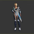 Futuristic Female Character in Tech Armor Suit with Blue White Gray Design and Mechanical Accents
