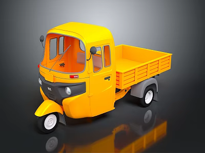 Yellow Three Wheeled Cargo Truck With Open Bed And Cabin On Dark Background With Reflection 3d model