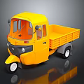 Yellow Three Wheeled Cargo Truck With Open Bed And Cabin On Dark Background With Reflection