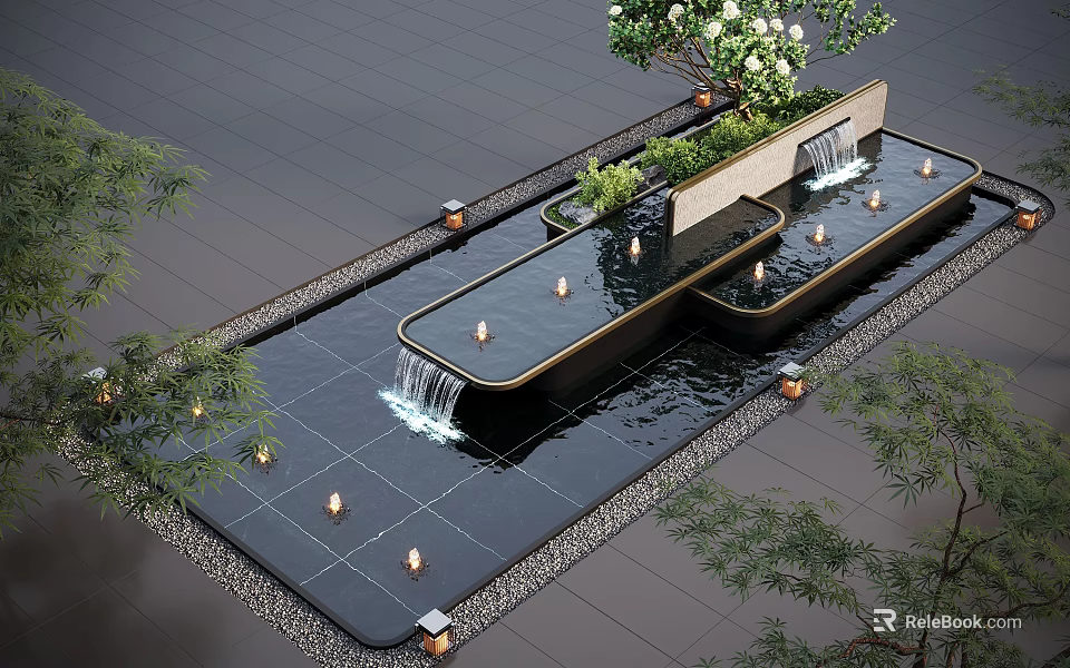 Modern Water Fountain Design With Flowing Water LED Lighting And Surrounding Green Plants 3d model 
