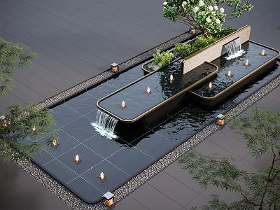 Modern Water Fountain Design With Flowing Water LED Lighting And Surrounding Green Plants 3d model