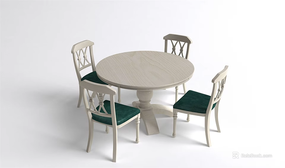Round Light Colored Dining Table Set With Cross Back Chairs And Green Padded Seats 3d model