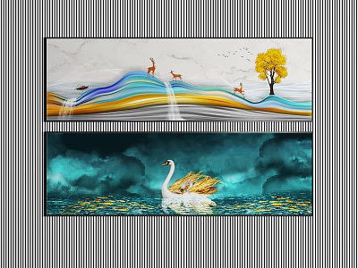 Decorative Wall Art With Colorful Waves Deer Tree And Swan On Water 3d model