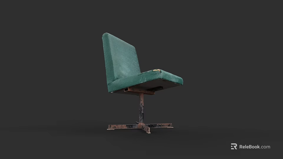 Green Upholstered Armchair With Worn Fabric And Rusty Metal Base 3d model 