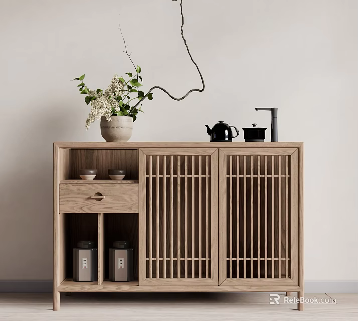Minimalist Japanese Style Wooden Entryway Cabinet With Slatted Doors And Decorative Vase Teapot Jars 3d model 