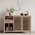 Minimalist Japanese Style Wooden Entryway Cabinet With Slatted Doors And Decorative Vase Teapot Jars