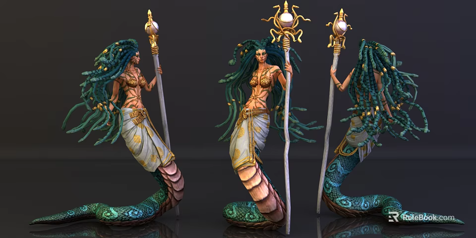 Enchanting Snake Bodied Female Game Character With Green Braided Hair Golden Staff And Scaled Tail 3d model 