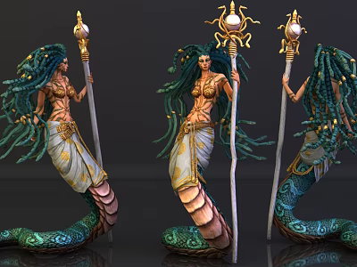 Enchanting Snake Bodied Female Game Character With Green Braided Hair Golden Staff And Scaled Tail 3d model