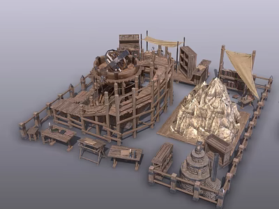 Wooden Scenery Props Including Platforms Tower Flags Tables Benches And Snow Mountain Like Structures 3d model