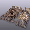 Wooden Scenery Props Including Platforms Tower Flags Tables Benches And Snow Mountain Like Structures