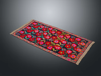 Square Carpet with Vibrant Floral Patterns Red Pink Green Tones and Fringed Edges Design 3d model