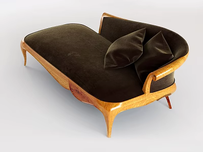 Modern Chaise Lounge With Wooden Frame Dark Upholstery And Decorative Cushions 3d model
