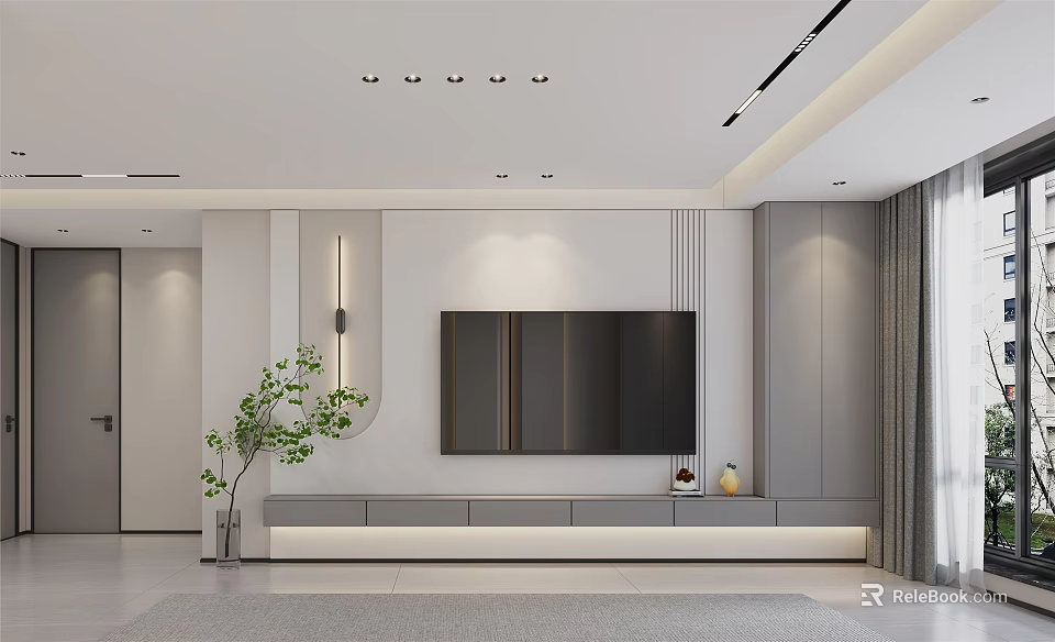 Modern TV Wall Living Room Interior Design With White Gray Decor LED Lights And Decorative Plant 3d model 