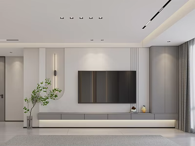 Modern TV Wall Living Room Interior Design With White Gray Decor LED Lights And Decorative Plant 3d model