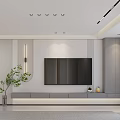Modern TV Wall Living Room Interior Design With White Gray Decor LED Lights And Decorative Plant